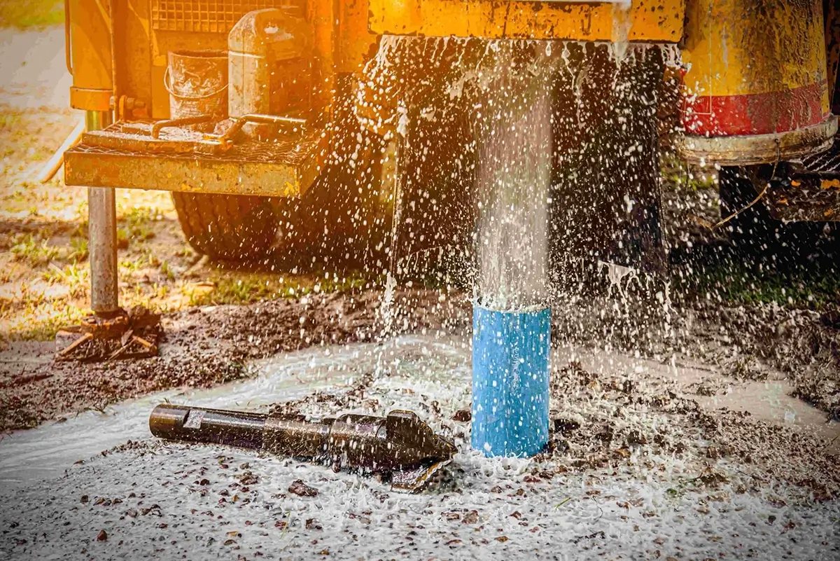 Foraje puțuri de apă – realizarea unui puț pentru alimentare cu apă Proces de foraj pentru realizarea unui puț de apă, cu tub PVC instalat și apă ieșind din foraj